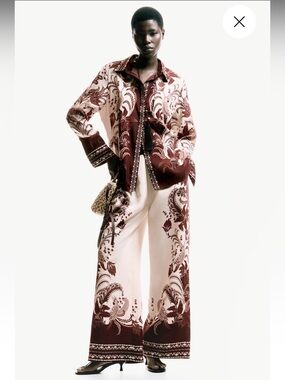 H&M Burgundy Floral Boho Set Shirt & Wide-Leg Pants Botanical Print M